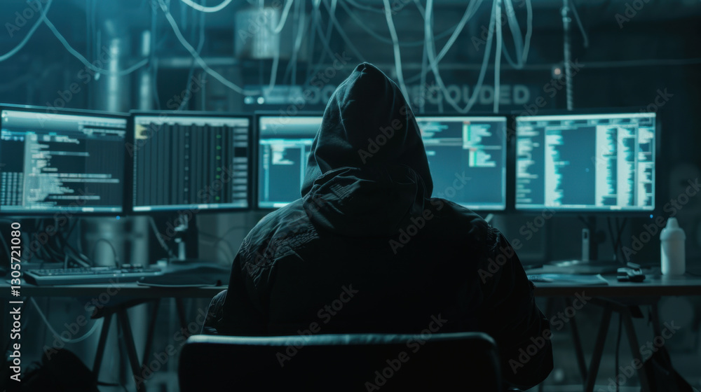 Poster person in hoodie sits in front of multiple computer screens displaying code and data, surrounded by 