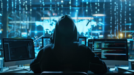 hooded figure sits in front of multiple computer screens, immersed in coding and data analysis, surrounded by high tech environment. atmosphere is intense and focused