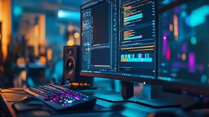 Programmer's workspace with multiple monitors displaying code, keyboard, and speakers in a dimly lit room.