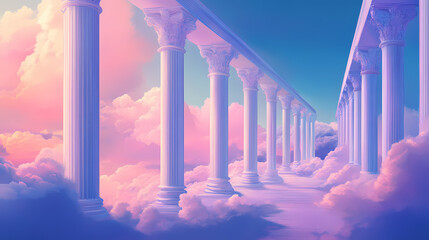 White columns, pink and blue sky, fantasy architecture, a magical and ethereal setting. Ethereal - Clouds. Illustration