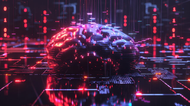 digital brain surrounded by glowing binary code and circuit patterns, symbolizing artificial intelligence and technology. vibrant colors create futuristic atmosphere