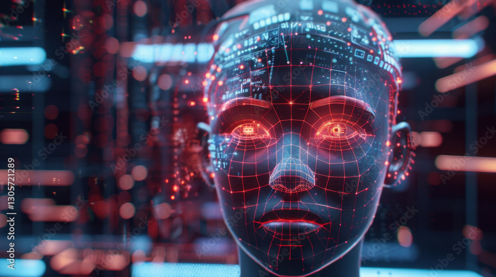 Poster futuristic digital face with glowing grid lines and data streams, representing artificial intelligen