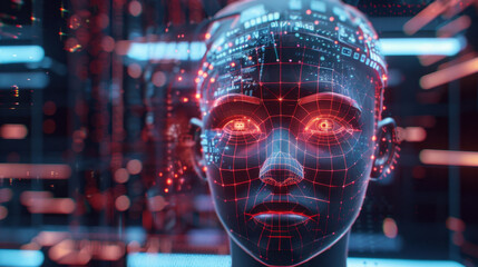 futuristic digital face with glowing grid lines and data streams, representing artificial intelligence and technology. expression is neutral yet intriguing