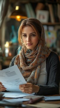 A committed social worker provides guidance to a refugee, reviewing important documents in a supportive environment filled with resources and hope