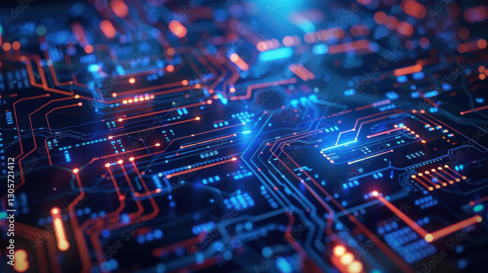 Poster futuristic circuit board with glowing lines and nodes, showcasing technology and innovation. vibrant