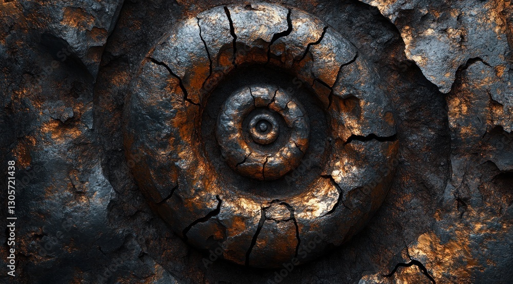Poster the spiral structure features a deep metallic finish with a cracked surface, highlighting irregular 