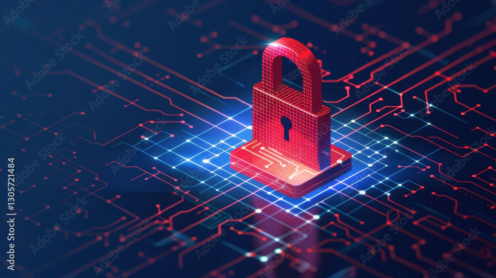 Poster digital padlock on circuit board background, symbolizing cybersecurity and data protection. vibrant 