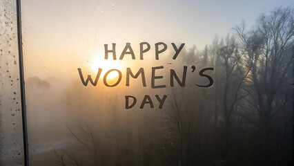 A cozy winter morning with 'Happy Women's Day' written on a foggy window, with soft natural light coming through, evoking warmth