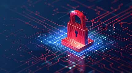 Digital padlock on circuit board background, symbolizing cybersecurity and data protection. vibrant colors convey sense of security and technology