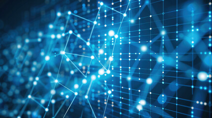 Abstract digital network background with glowing nodes and connections, representing technology and data flow. blue tones create futuristic atmosphere