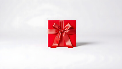 a bright red gift box with a satin bow, perfect for celebrating any special occasion. It is simple and elegant with the bow placed in the center of the box.