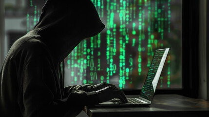 hooded figure working on laptop with green binary code in background, symbolizing hacking and cybersecurity. atmosphere is mysterious and tech focused