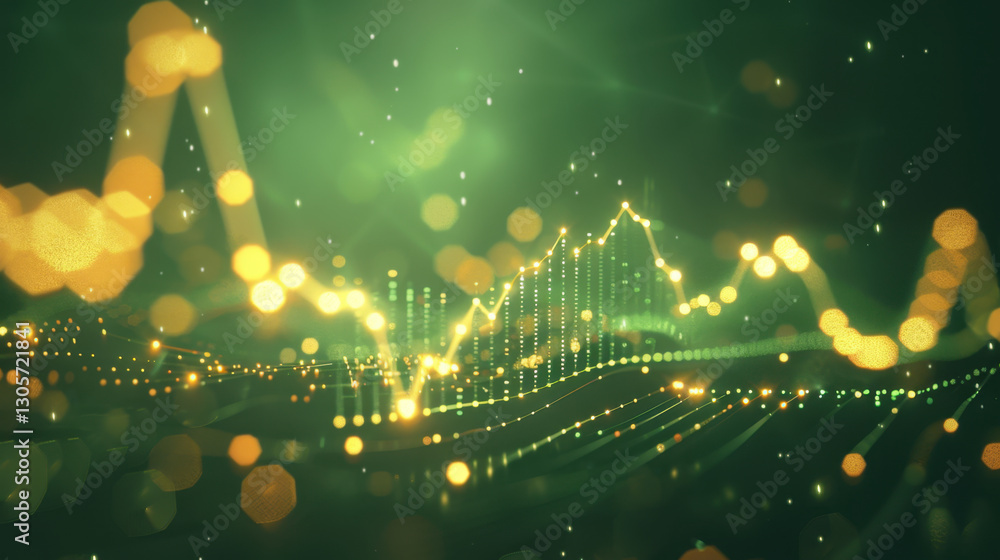 Poster abstract green background with glowing data visualization elements, representing digital analytics a