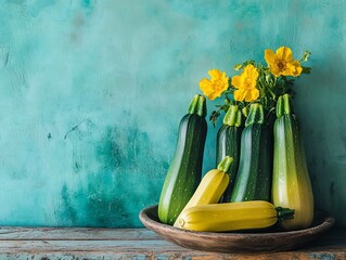 Rustic wooden bowl filled with green and yellow zucchini and yellow flowers against a teal background.