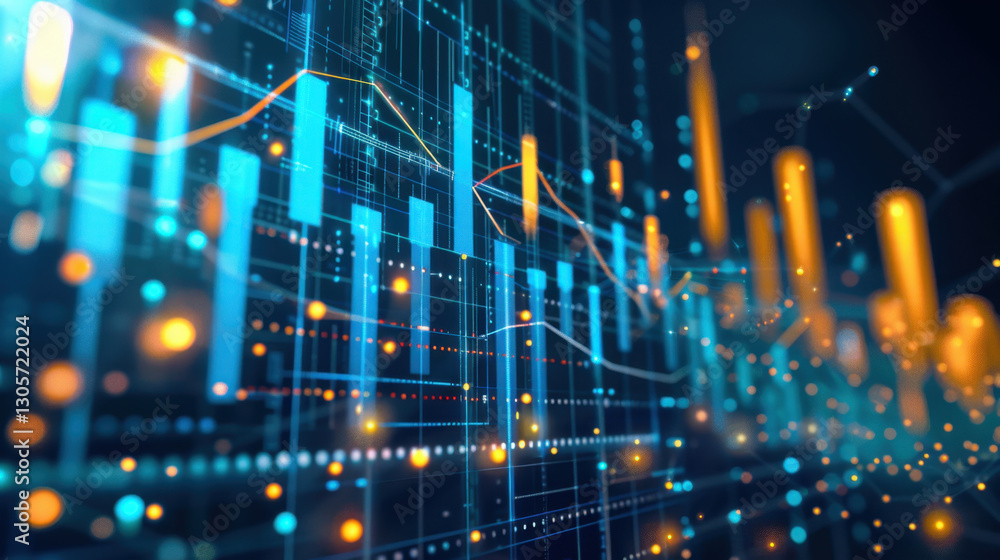 Poster vibrant digital representation of financial data with glowing graphs and charts, showcasing trends a
