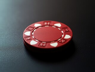 Red and white poker chip with spades symbol, sitting on table. Casino theme.