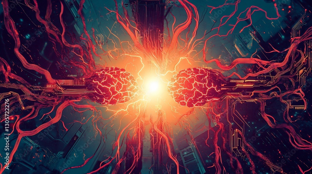 Poster two interconnected brains emit a bright light, surrounded by intricate, vein-like structures in a fu