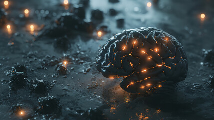 Close-up of a human brain with glowing microscopic parasites crawling on its surface, symbolizing infection and disease, representing medical and scientific concepts.