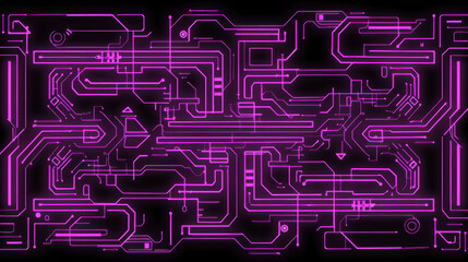 Futuristic neon circuit design with intricate patterns and glowing lines. This vibrant pink circuit board background creates tech inspired atmosphere, perfect for digital projects