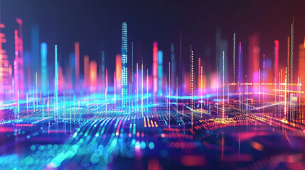 Abstract digital landscape with vibrant neon colors and glowing lines, representing data flow and technology. futuristic scene filled with energy and movement