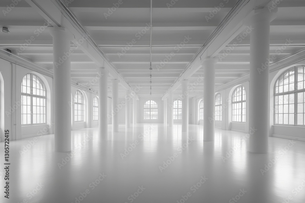 Poster bright and spacious interior with large windows and white columns in a modern open space