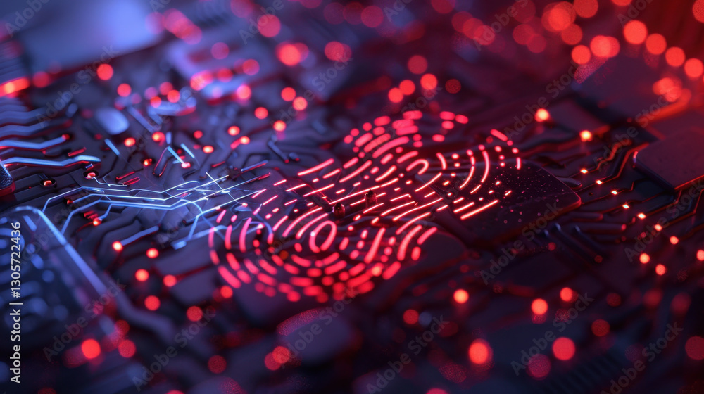 Poster digital circuit board with glowing fingerprint pattern and red lights