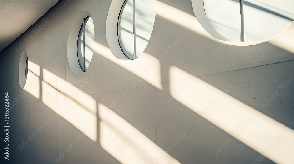 Poster sunlight streams through round windows in a modern building, casting shadows on a light wall.