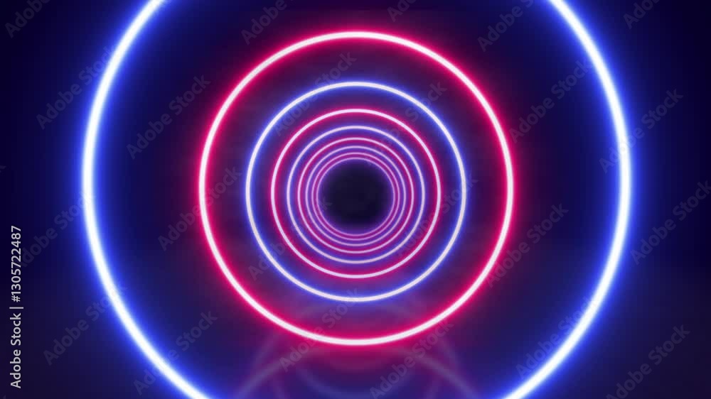 Poster glowing neon circles create a futuristic tunnel effect. abstract background with blue and red/pink r