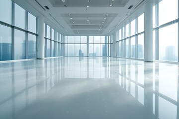 Spacious modern office interior with large windows and city skyline view during daytime