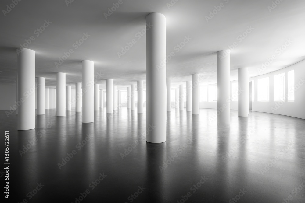 Aufkleber white minimalist interior with rounded design and multiple columns in an expansive, well-lit space