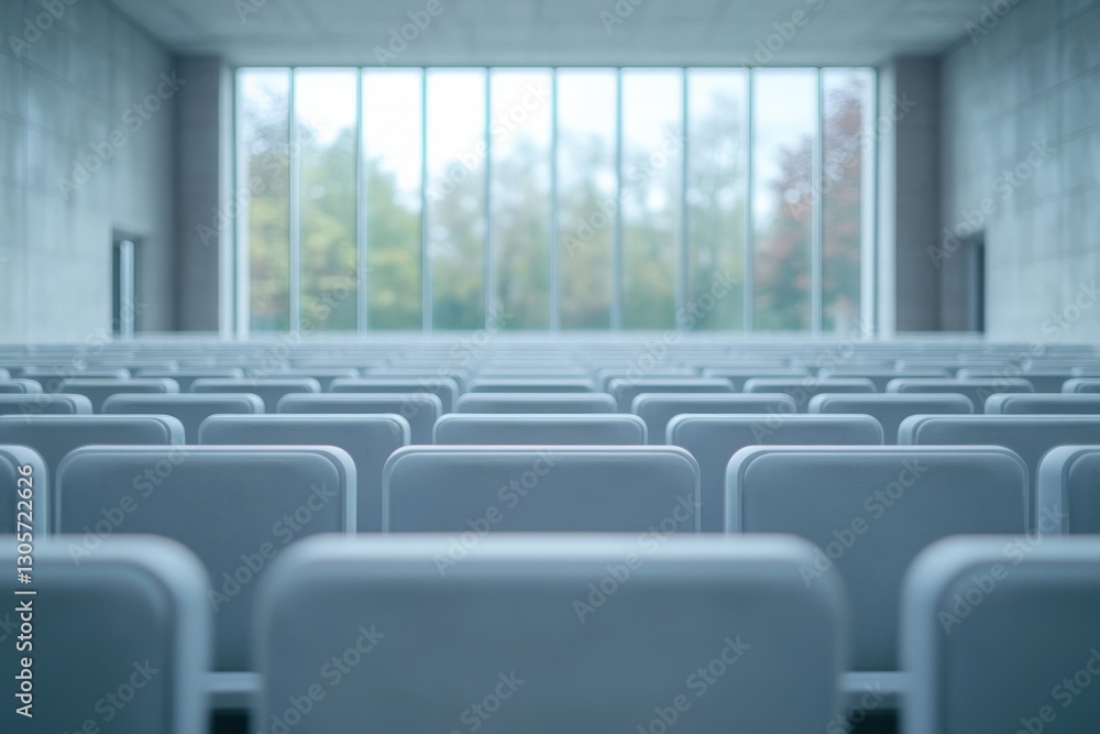 Poster empty auditorium with rows of seats and large windows letting in natural light during the day