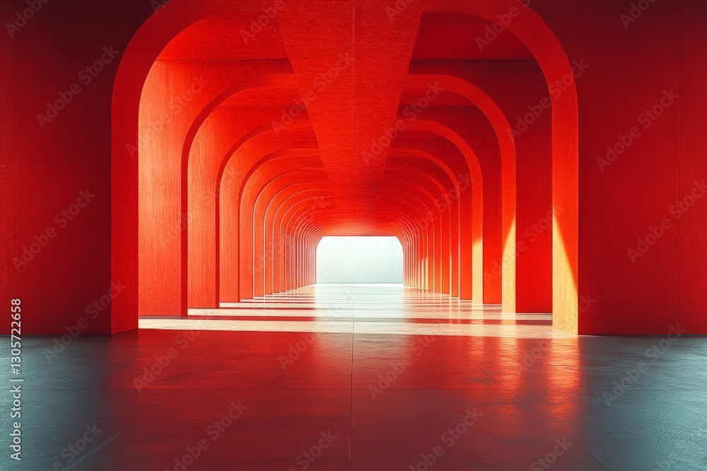 Aufkleber vibrant red architectural passageway with arched openings leading to a bright end in a modern struct