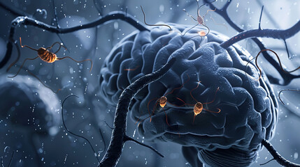 Close-up of a human brain with glowing microscopic parasites crawling on its surface, symbolizing infection and disease, representing medical and scientific concepts.