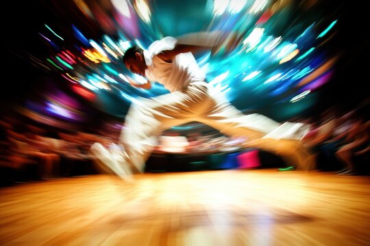 Dynamic baseball player sprinting on a wooden court, showcasing athleticism and energy.