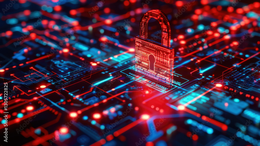 Poster digital lock symbol on circuit board background, representing cybersecurity and data protection. vib