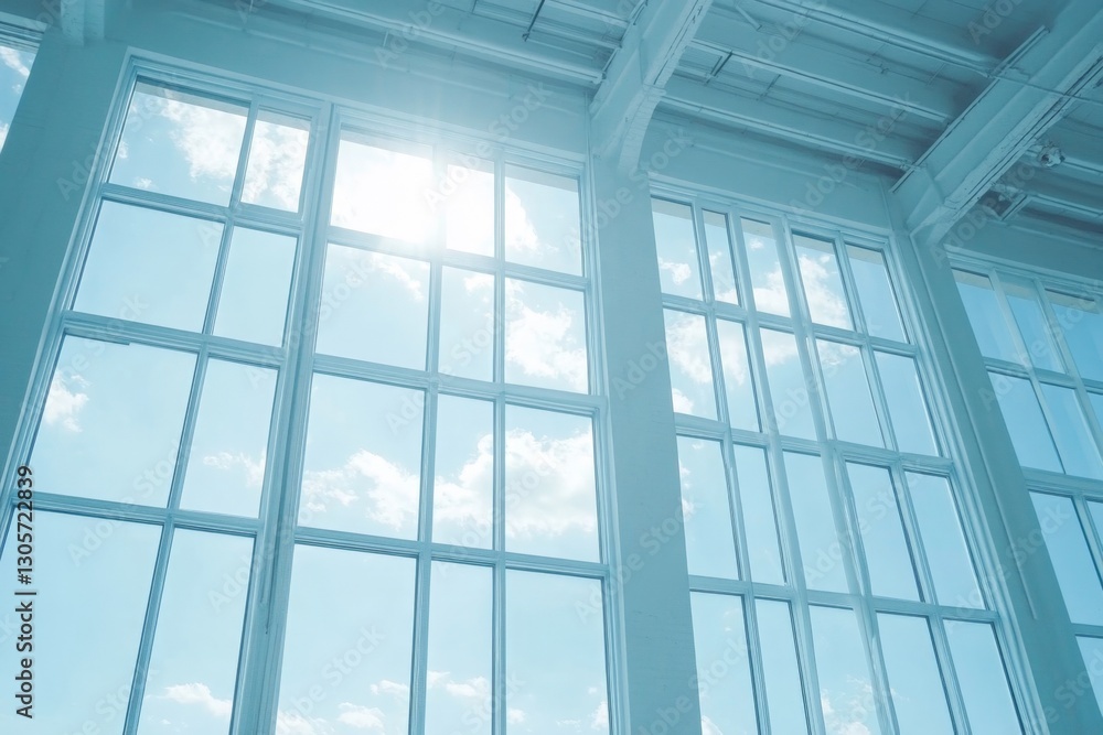 Poster bright sunlight streams through large windows in a modern building during midday, creating a serene 