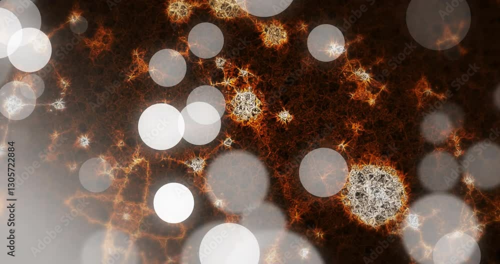 Poster glowing orange web-like structures with overlapping white circles in animation design