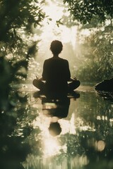 Person sitting in meditative pose, surrounded by lush greenery, clear water, tranquil setting, sunlit path through foliage
