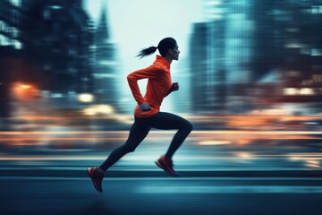 A woman runs through a city street illuminated by night lights.