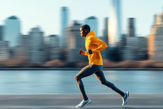 A man in a yellow jacket runs along a city street, showcasing an active lifestyle.