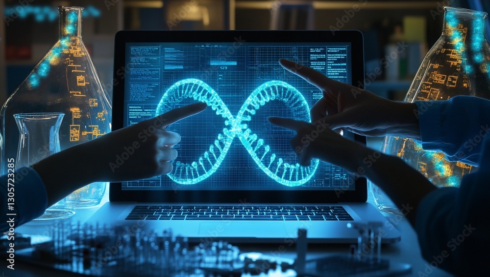Poster two scientists collaborate, pointing at a dna double helix displayed on a laptop screen in a lab.