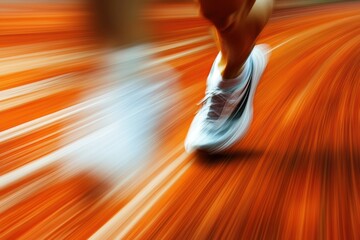 Blurry image of a runner on a track with indistinct background details.
