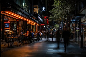 Nighttime city scene with people strolling along a sidewalk.