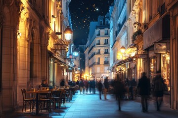 People stroll through a city street during nighttime, illuminated by lights.