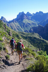 Two hikers wearing professional hiking boots are walking on a mountain trail on a sunny day