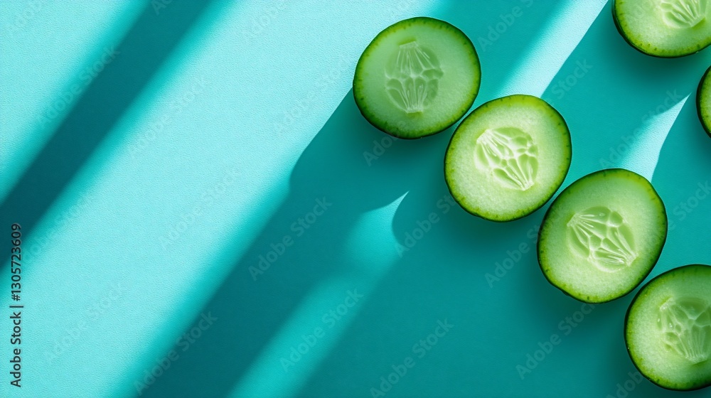 Poster sliced cucumbers arranged on a teal background with dramatic light and shadow.
