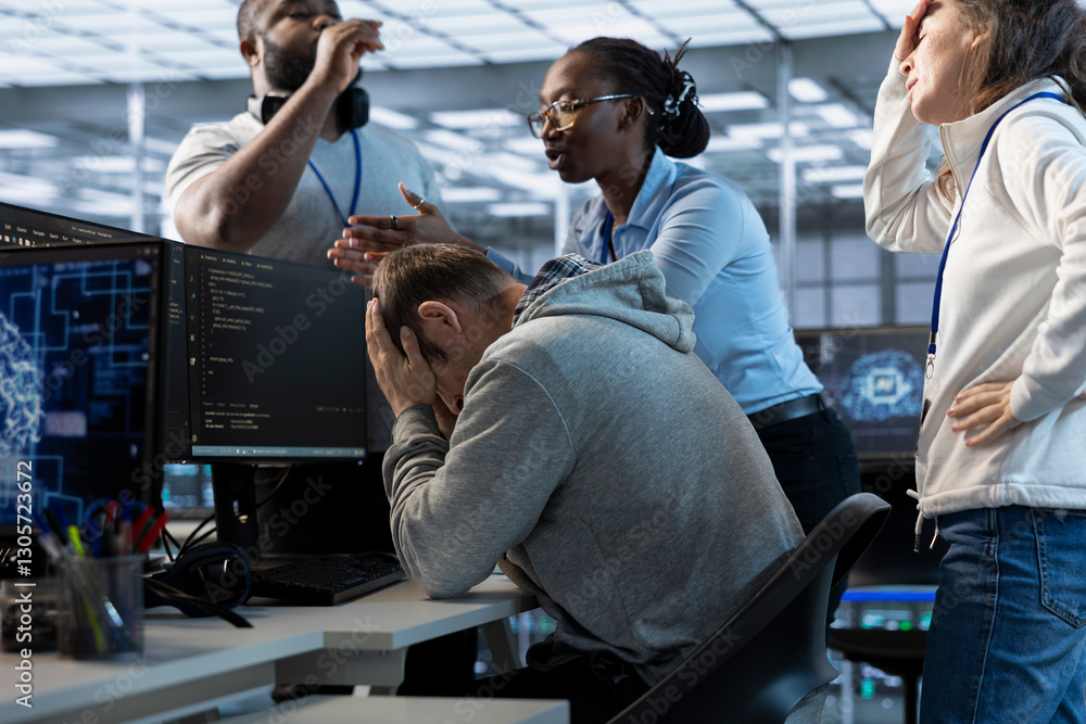 Poster employees berating engineer in office after mistake leading to errors in high tech ai data center. i