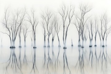 Obraz premium Foggy lake with trees standing in a row, creating a serene and mysterious atmosphere.