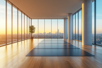 Obraz premium Yoga practice space with stunning city view at sunset in a modern high-rise building