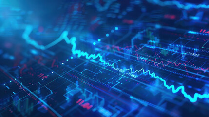 Abstract digital financial data visualization with graphs and charts, showcasing market trends and analytics in blue tones. image conveys sense of technology and finance